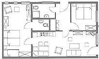 Der Grundriss der Ferienwohnung Typ 2 mit 70 m² Wohnfläche, für 2 bis 4 Personen (Auf Anfrage ist eine Aufbettung möglich).