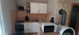 Küchenzeile im Wohnraum Ferienhaus 4
mit 4 Platten Herd, Mikrowelle, Kühlschrank
Kamin