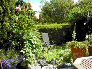 Terrasse mit Marquise, Grill, Gartenmöbeln und Blick ins Grüne.