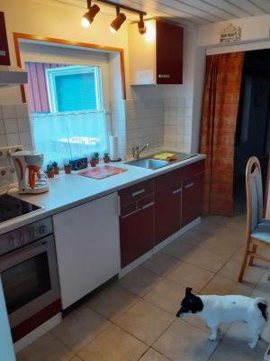 mit Ceranfeld/Backofen,Kühlschrank mit Eisfach,Spüle und Blick in den Garten