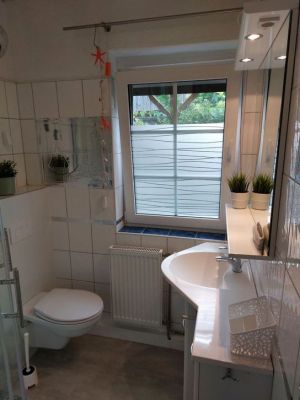 Das geflieste Bad besteht aus einem WC, Dusche und einem Handwaschbecken mit großem Spiegel.